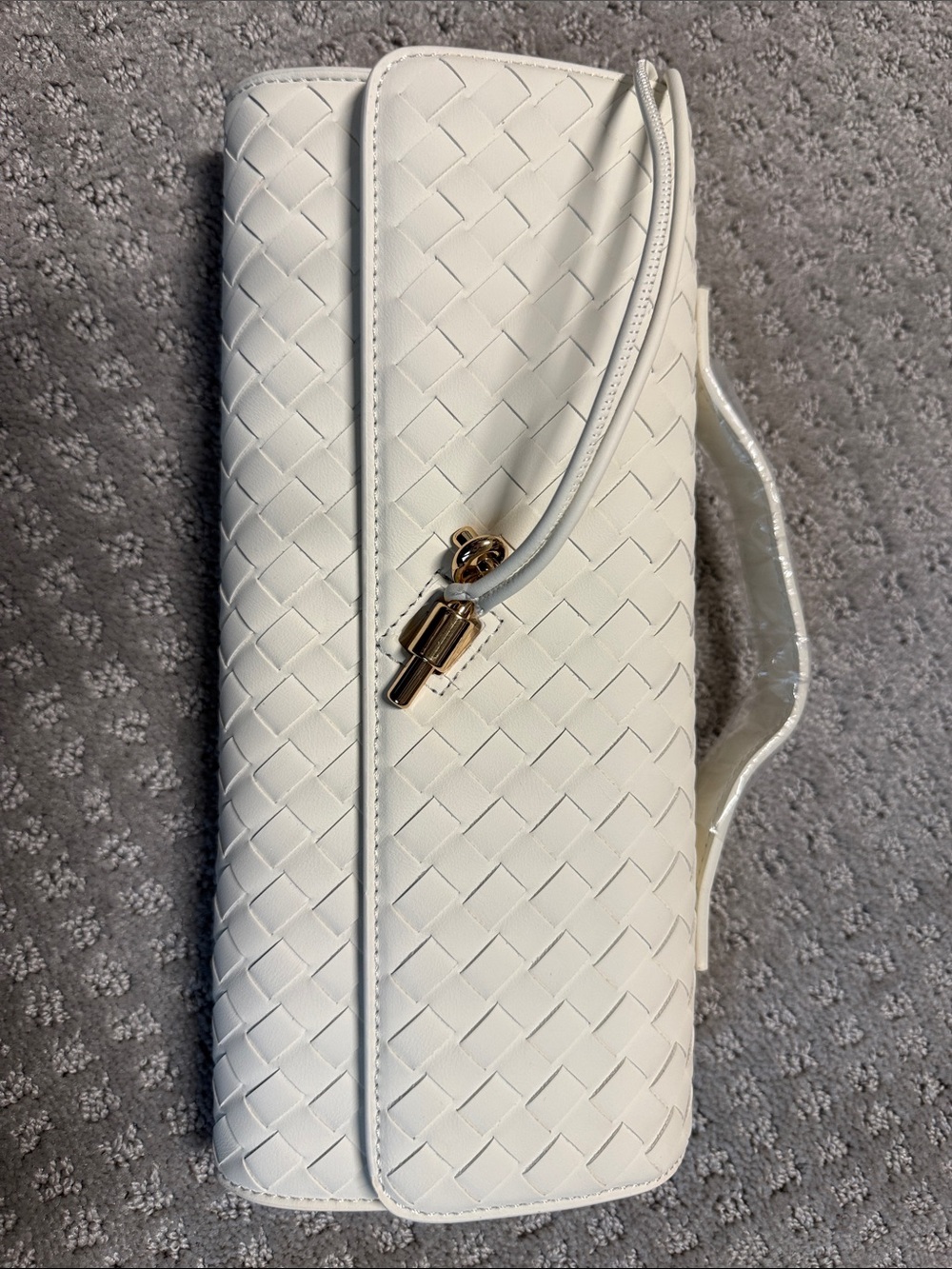 White Woven Leather Clutch with Top Handle